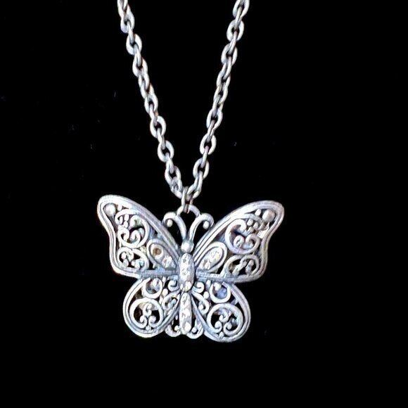 Opera Necklace Silver Tone Chain Butterfly Pendant 28 in - Picture 3 of 5